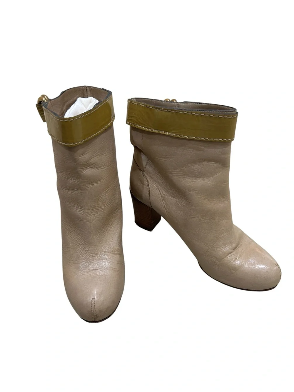 Chloe Beige Leather Ankle Boots with Olive Strap & Gold Buckle Italy size EU 39